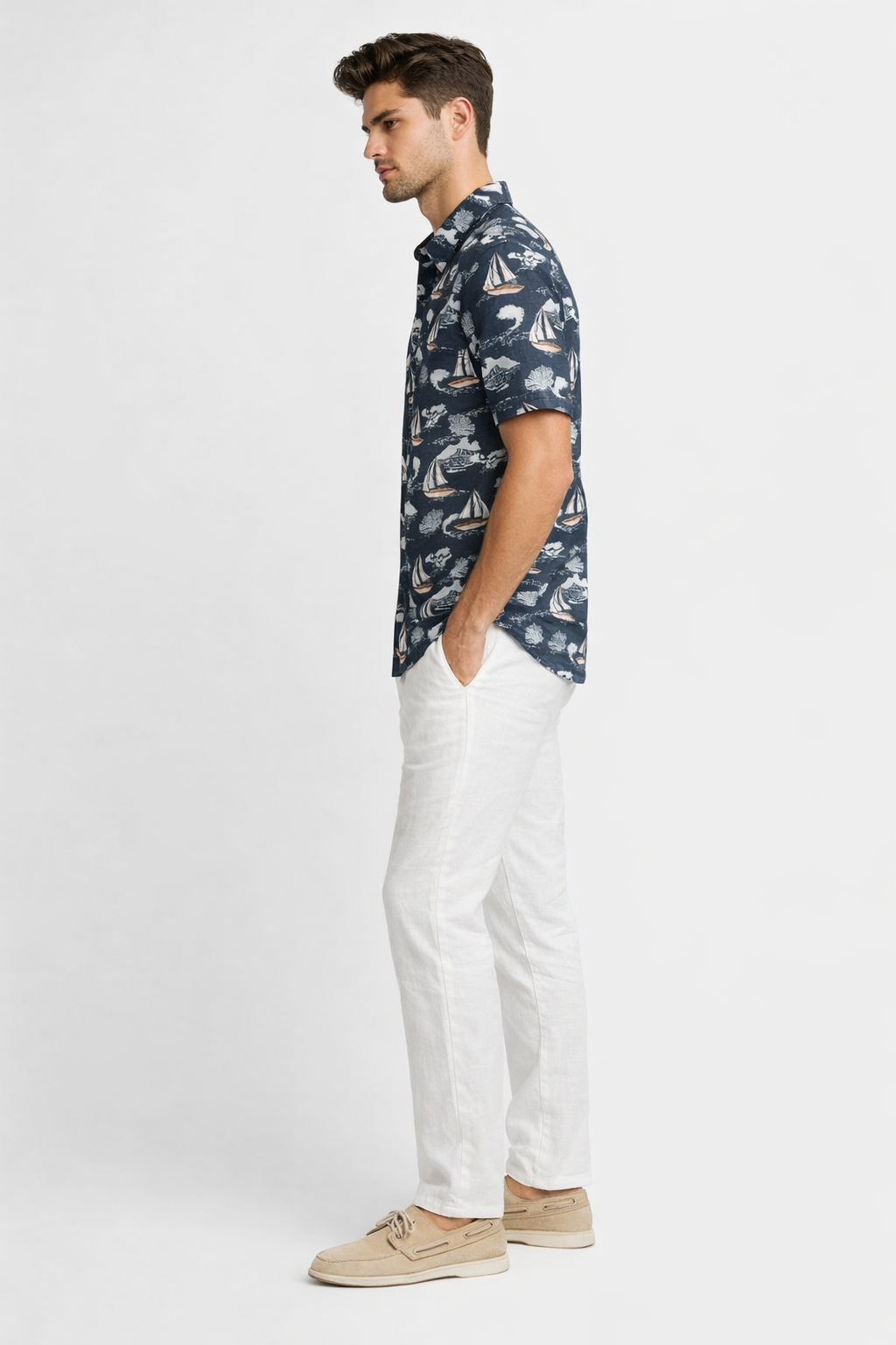 Navy Coastal Sailboat Print Short Sleeve Shirt – Tropical Tide Collection - MCX3845 - Casual Tropical Wear
