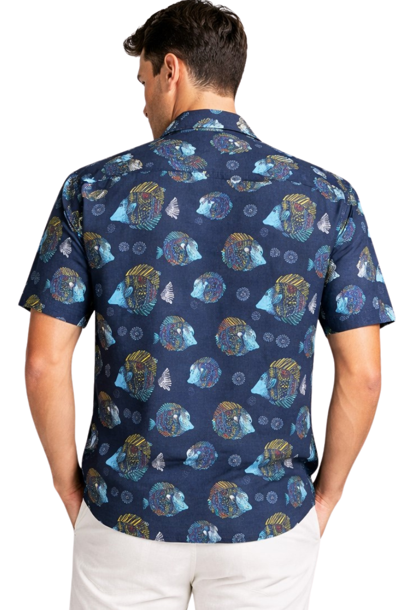 Navy Tropical Fish Print Short Sleeve Shirt – Tropical Tide Collection - MCX3846 - Casual Tropical Wear