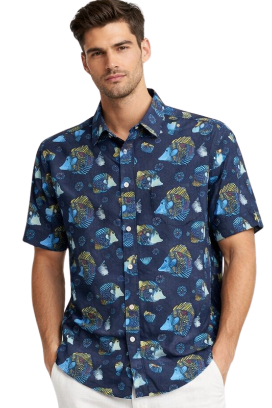 Navy Tropical Fish Print Short Sleeve Shirt – Tropical Tide Collection - MCX3846 - Casual Tropical Wear
