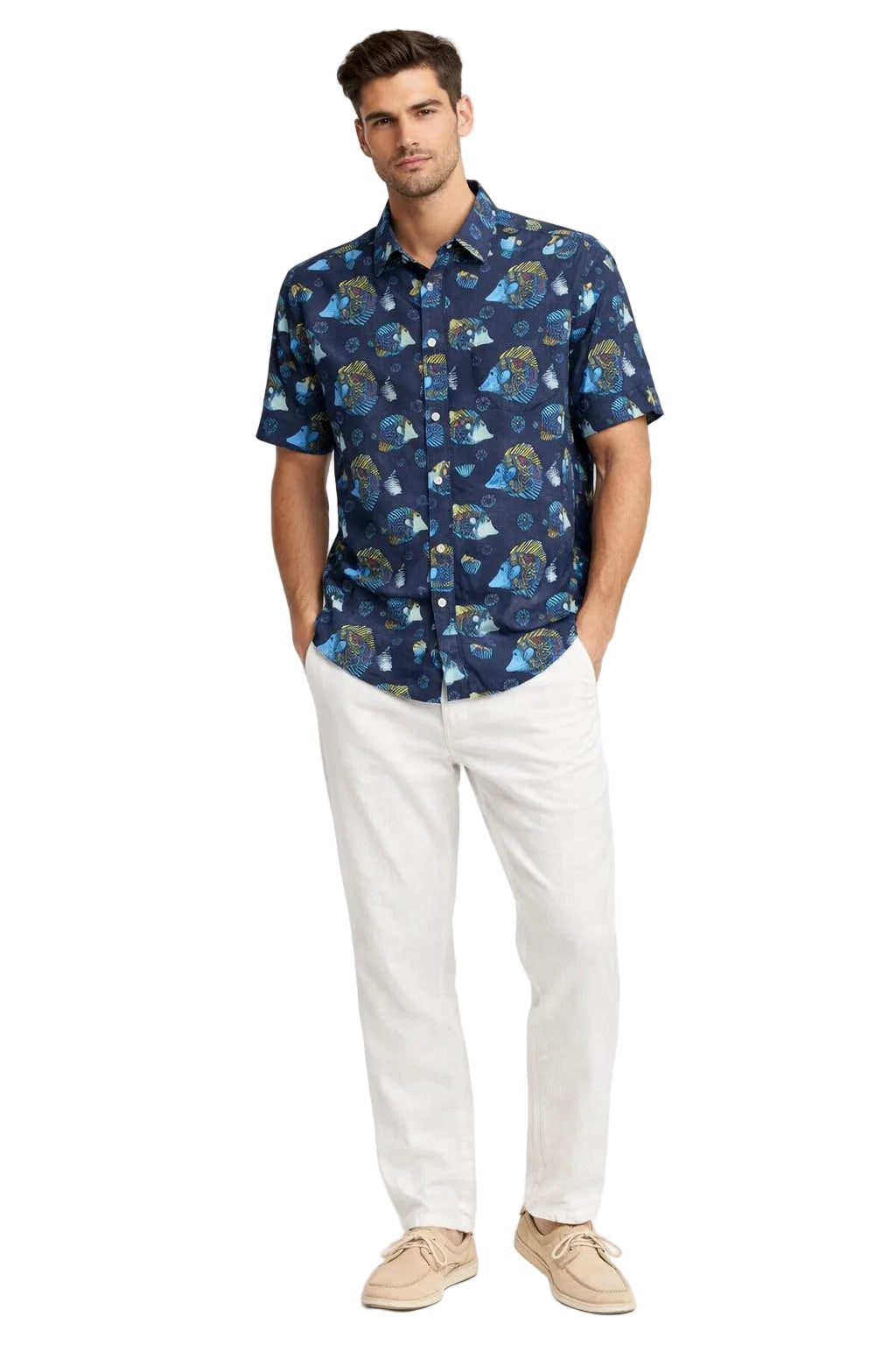 Navy Tropical Fish Print Short Sleeve Shirt – Tropical Tide Collection - MCX3846 - Casual Tropical Wear