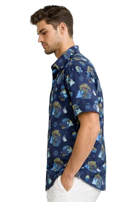 Navy Tropical Fish Print Short Sleeve Shirt – Tropical Tide Collection - MCX3846 - Casual Tropical Wear