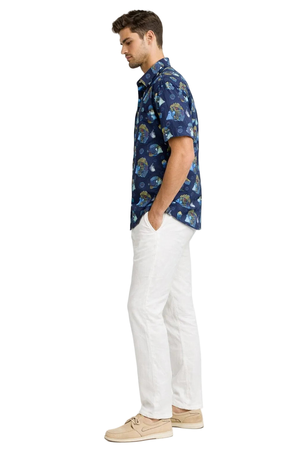 Navy Tropical Fish Print Short Sleeve Shirt – Tropical Tide Collection - MCX3846 - Casual Tropical Wear