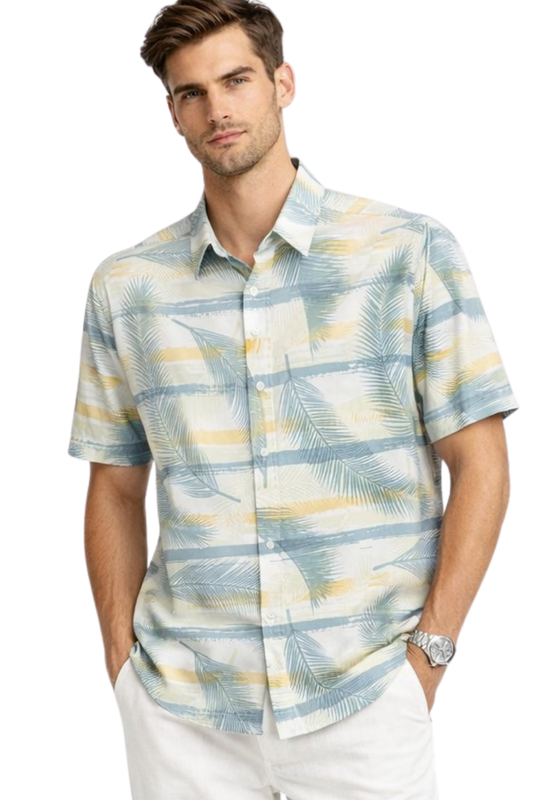 Palm Stripe Short Sleeve Shirt – Coastal Sand Multi | Tropical Tide Collection - MCX3847 - Casual Tropical Wear