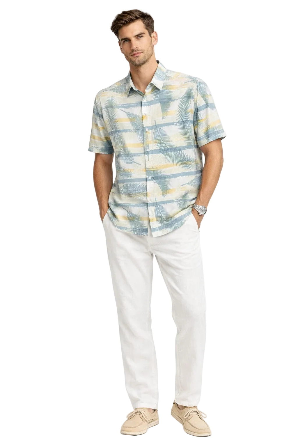 Palm Stripe Short Sleeve Shirt – Coastal Sand Multi | Tropical Tide Collection - MCX3847 - Casual Tropical Wear