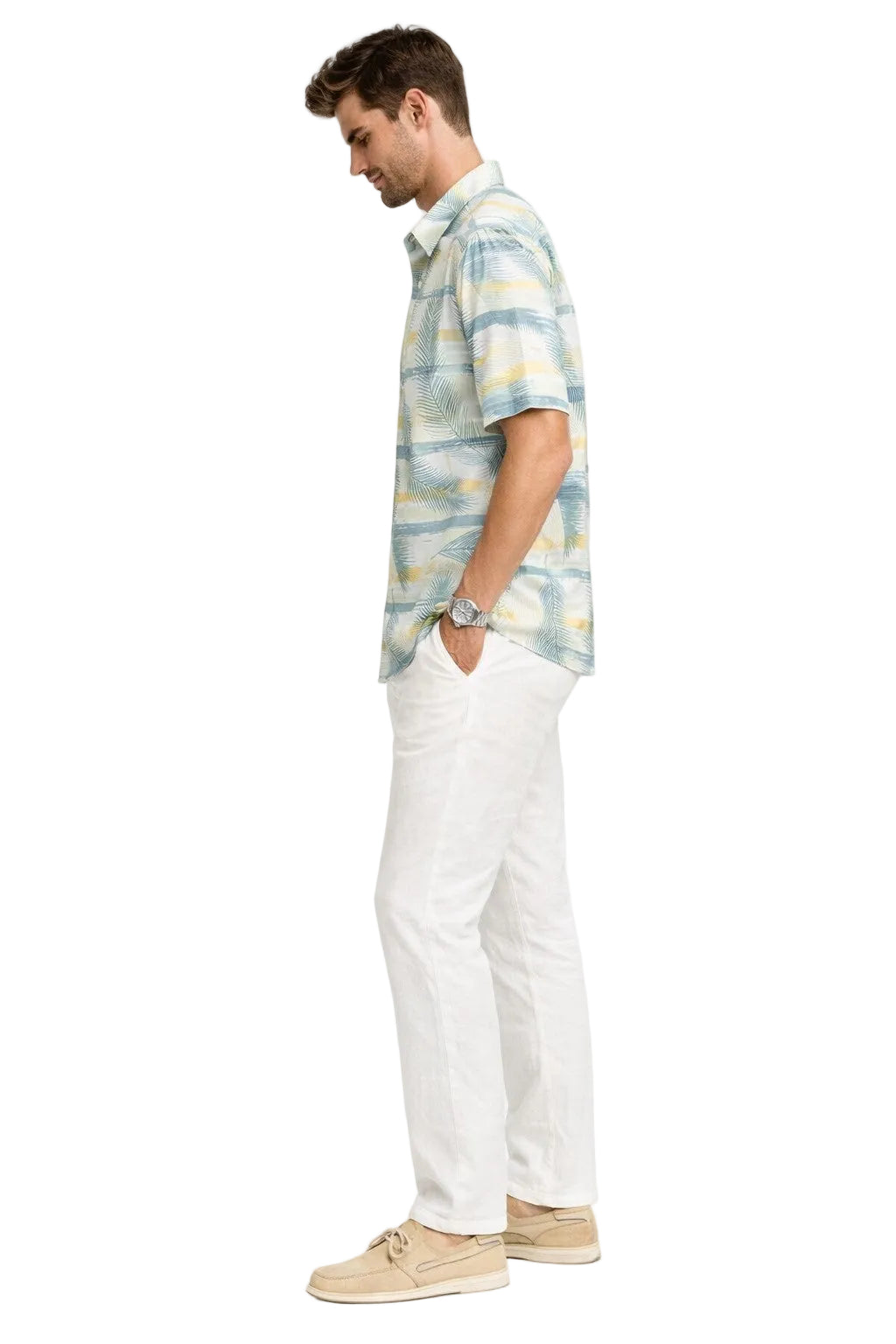 Palm Stripe Short Sleeve Shirt – Coastal Sand Multi | Tropical Tide Collection - MCX3847 - Casual Tropical Wear
