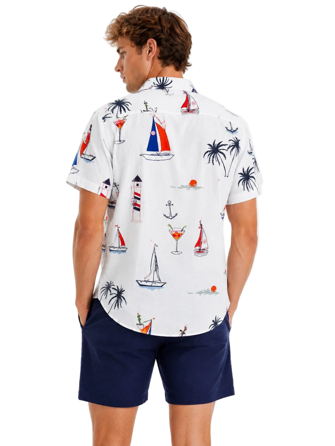 Men’s Coastal Sailboat Print Resort Shirt – Lightweight Vacation Button Down for Beach, Cruise & Tropical Travel - MCX3907