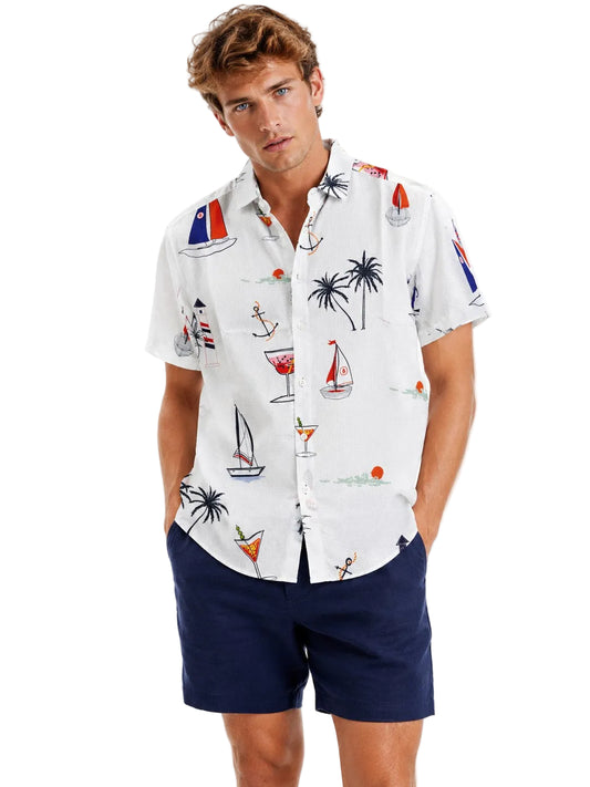 Men’s Coastal Sailboat Print Resort Shirt – Lightweight Vacation Button Down for Beach, Cruise & Tropical Travel - MCX3907