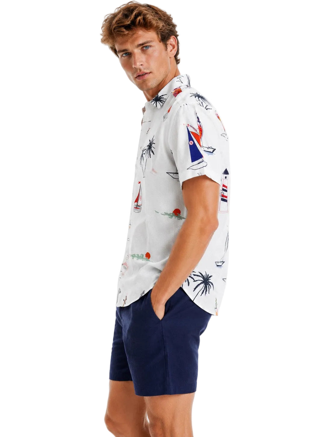 Men’s Coastal Sailboat Print Resort Shirt – Lightweight Vacation Button Down for Beach, Cruise & Tropical Travel - MCX3907