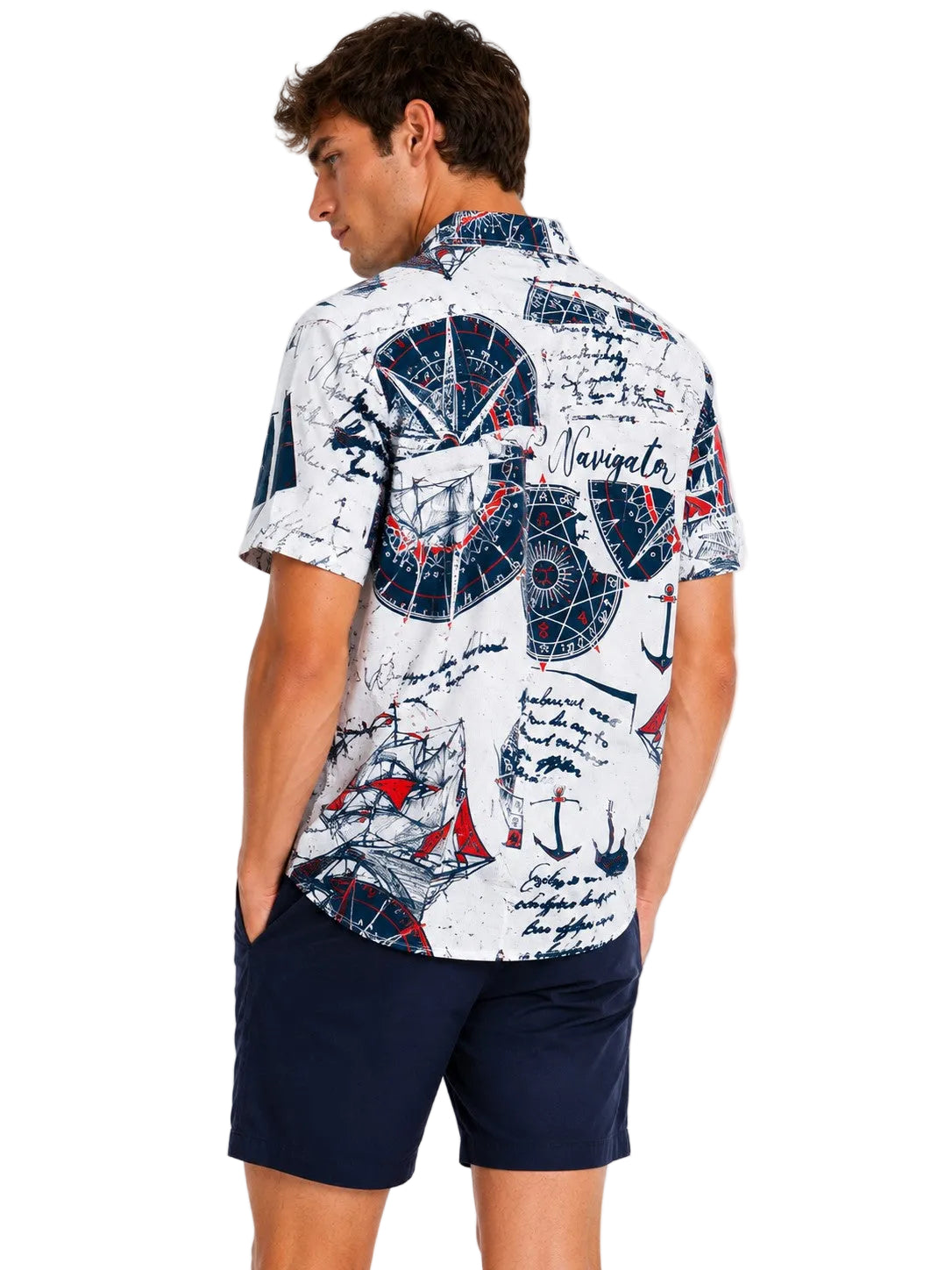 Men’s Navigator Nautical Print Resort Shirt – Coastal Compass & Sailboat Button Down for Beach Vacations, Cruises & Summer Travel - MCX3909