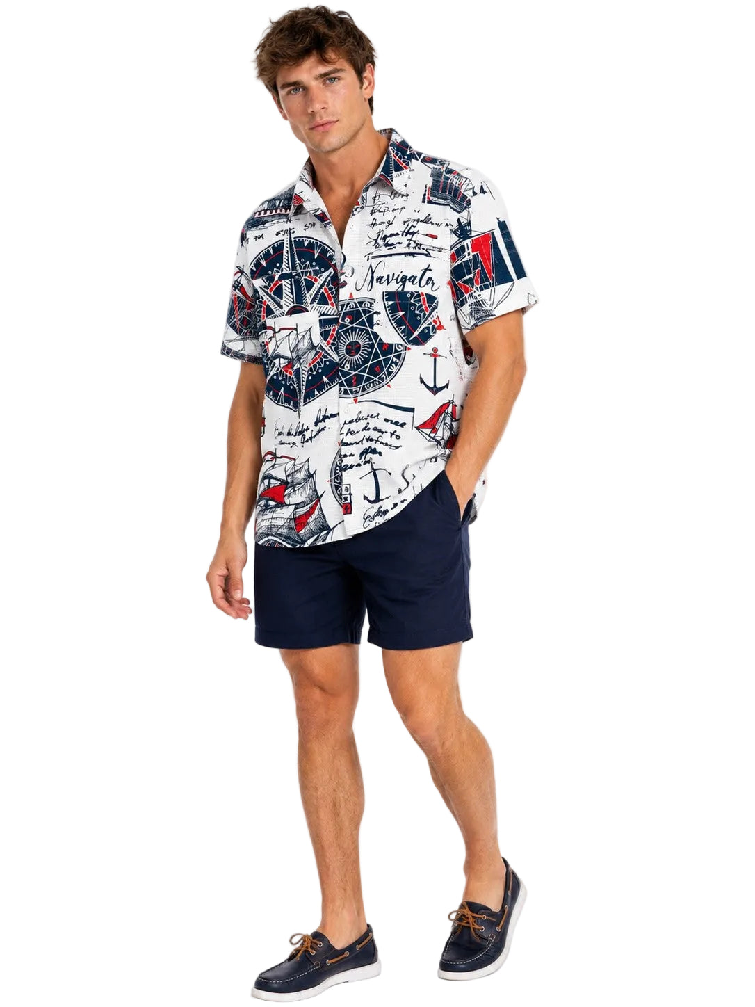 Men’s Navigator Nautical Print Resort Shirt – Coastal Compass & Sailboat Button Down for Beach Vacations, Cruises & Summer Travel - MCX3909