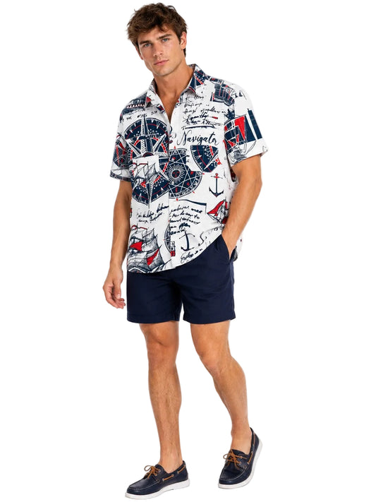 Men’s Navigator Nautical Print Resort Shirt – Coastal Compass & Sailboat Button Down for Beach Vacations, Cruises & Summer Travel - MCX3909