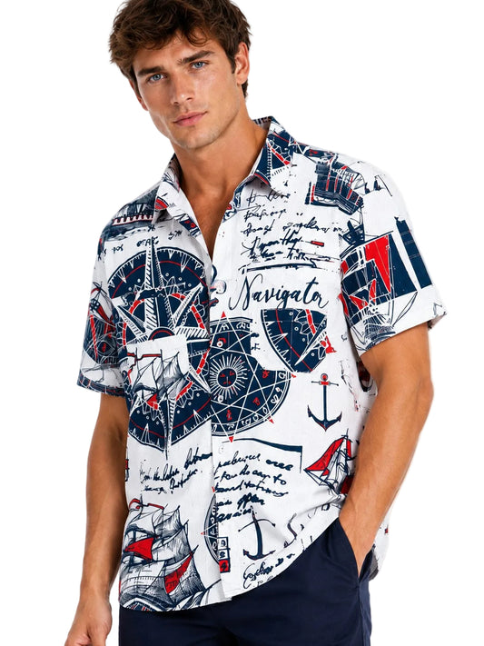 Men’s Navigator Nautical Print Resort Shirt – Coastal Compass & Sailboat Button Down for Beach Vacations, Cruises & Summer Travel - MCX3909