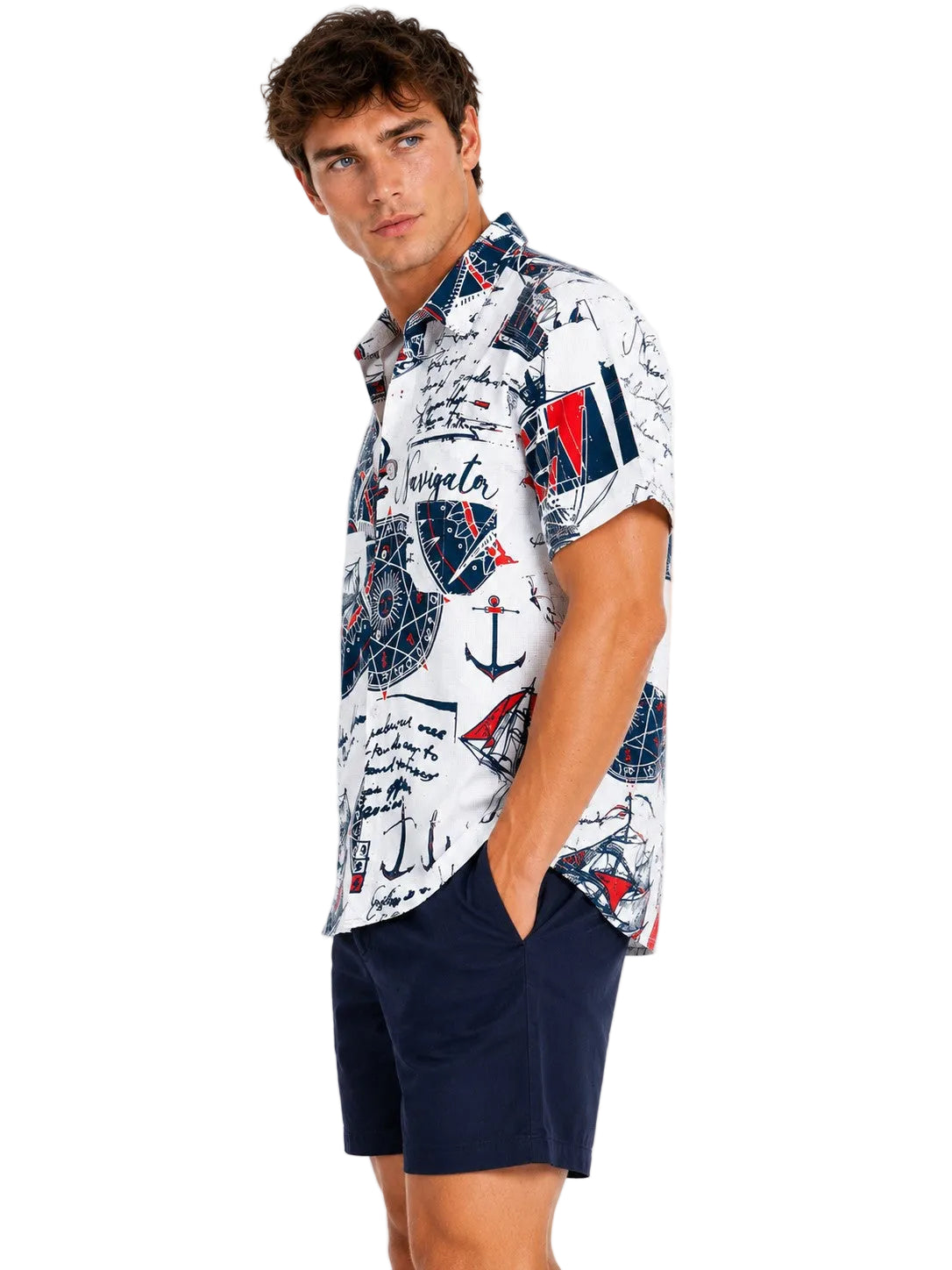Men’s Navigator Nautical Print Resort Shirt – Coastal Compass & Sailboat Button Down for Beach Vacations, Cruises & Summer Travel - MCX3909
