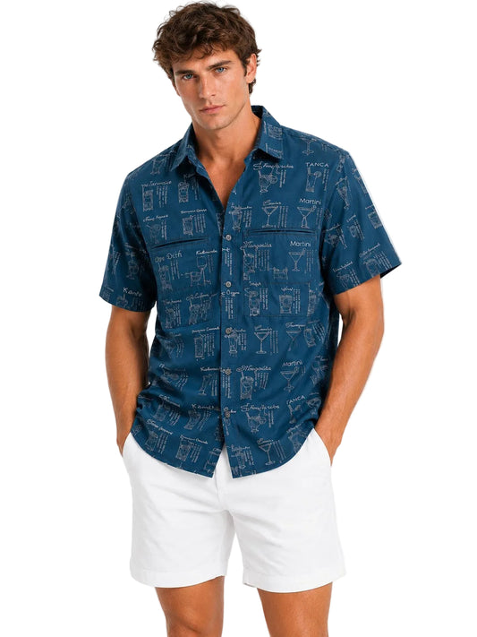 Men’s Cocktail Recipe Print Resort Shirt – Tropical Bar-Inspired Button Down for Beach Vacations, Cruises & Summer Getaways - MCX3911