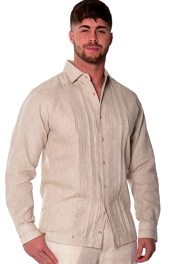 Bohio Mens 100% Linen Fancy Guayabera Style Shirt for Men - Embroidered and Pin-Tucked in (3) Colors MLFG2026 - Casual Tropical Wear