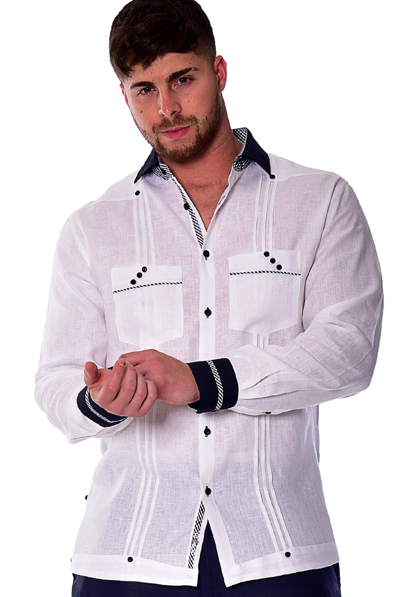 BOHIO Mens 100% Linen Fancy Guayabera Inspired Shirt w/Two Pockets Pin-Tucked Gingham Trim in (2) Colors MLFG2027 - Casual Tropical Wear