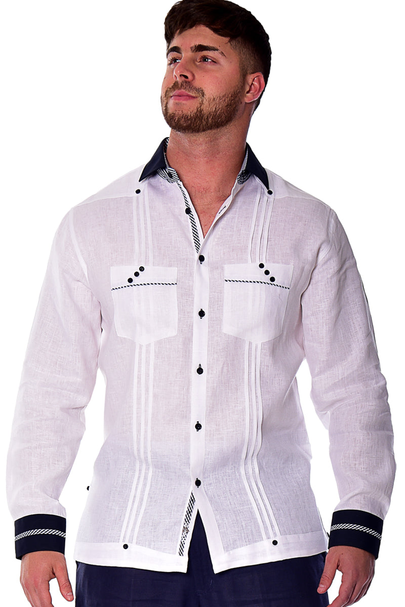 BOHIO Mens 100% Linen Fancy Guayabera Inspired Shirt w/Two Pockets Pin-Tucked Gingham Trim in (2) Colors MLFG2027 - Casual Tropical Wear