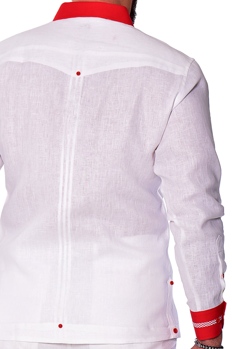 BOHIO Mens 100% Linen Fancy Guayabera Inspired Shirt w/Two Pockets Pin-Tucked Gingham Trim in (2) Colors MLFG2027 - Casual Tropical Wear
