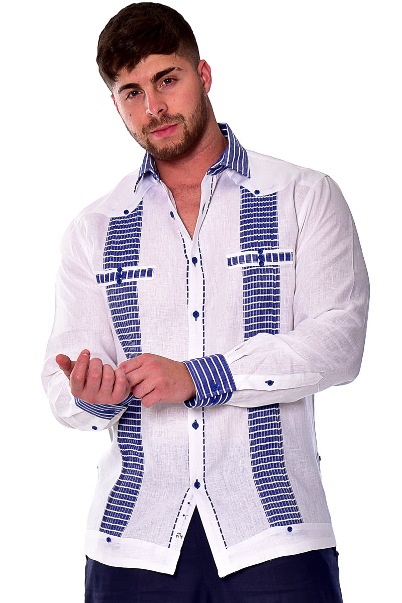 Bohio Men's 100% Linen Guayabera Inspired Long Sleeve Fancy Shirt w/Striped Pin-Tucked Panels in (3) Colors MLFG2029 - Casual Tropical Wear