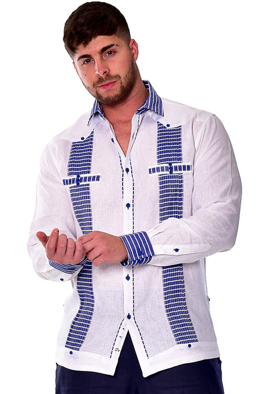 Bohio Men's 100% Linen Guayabera Inspired Long Sleeve Fancy Shirt w/Striped Pin-Tucked Panels in (3) Colors MLFG2029 - Casual Tropical Wear