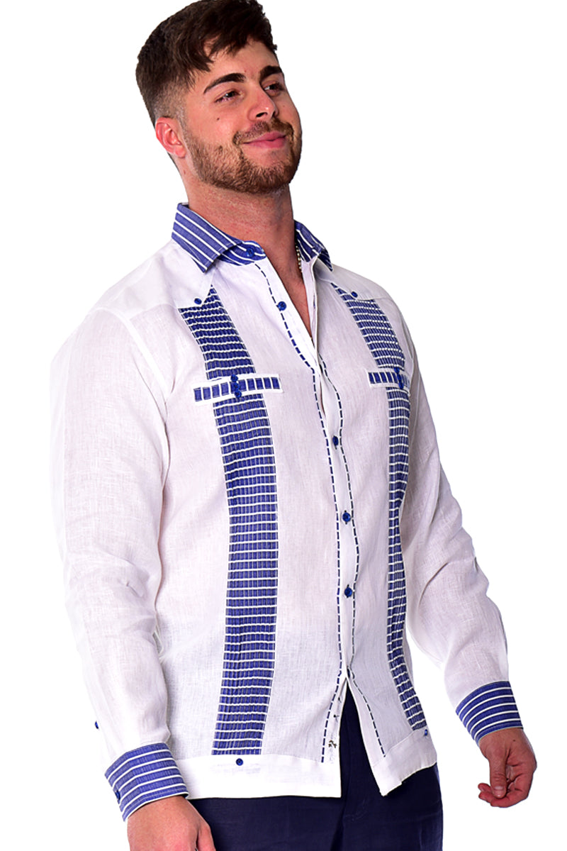 Bohio Men's 100% Linen Guayabera Inspired Long Sleeve Fancy Shirt w/Striped Pin-Tucked Panels in (3) Colors MLFG2029 - Casual Tropical Wear