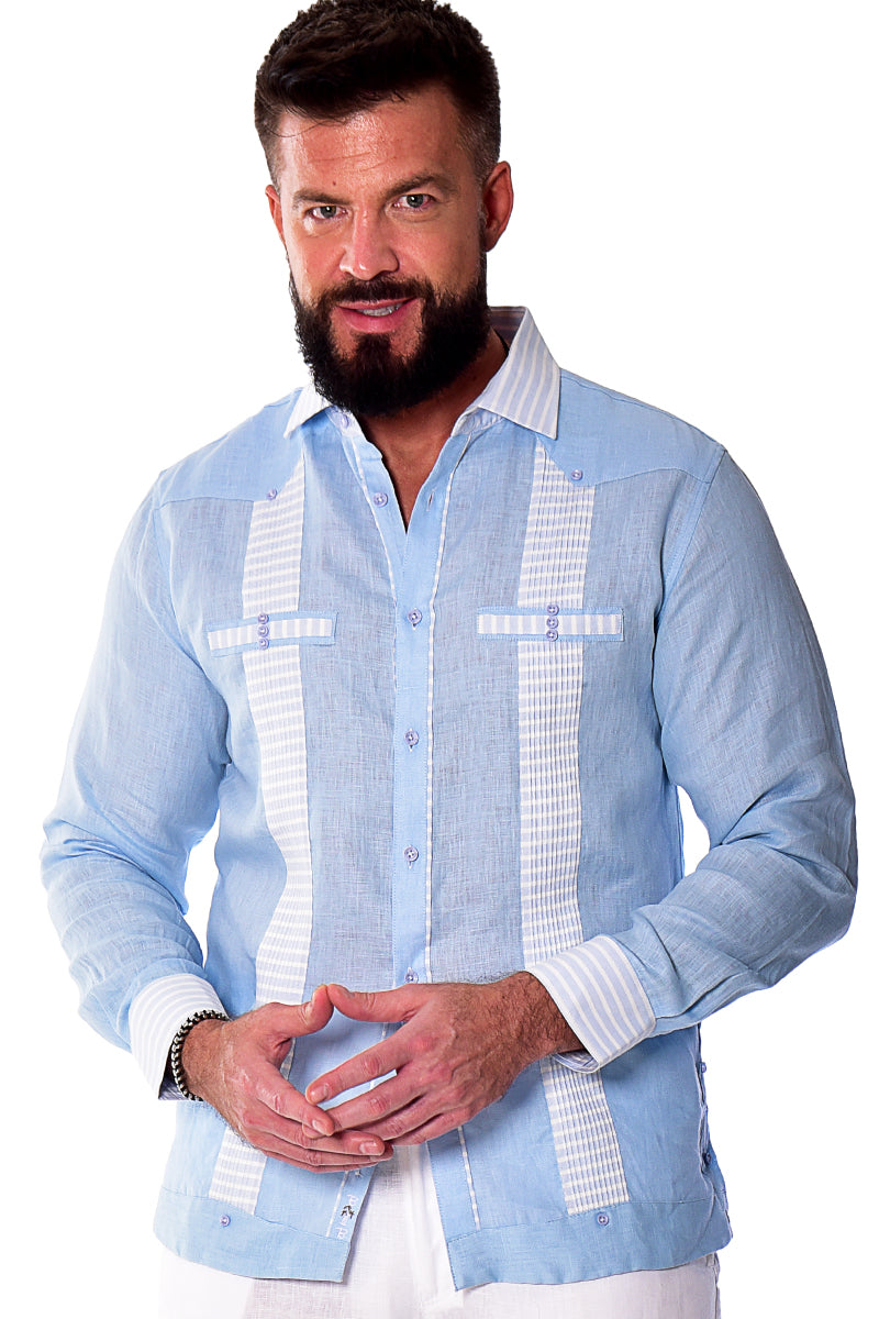 Bohio Men's 100% Linen Guayabera Inspired Long Sleeve Fancy Shirt w/Striped Pin-Tucked Panels in (3) Colors MLFG2029 - Casual Tropical Wear