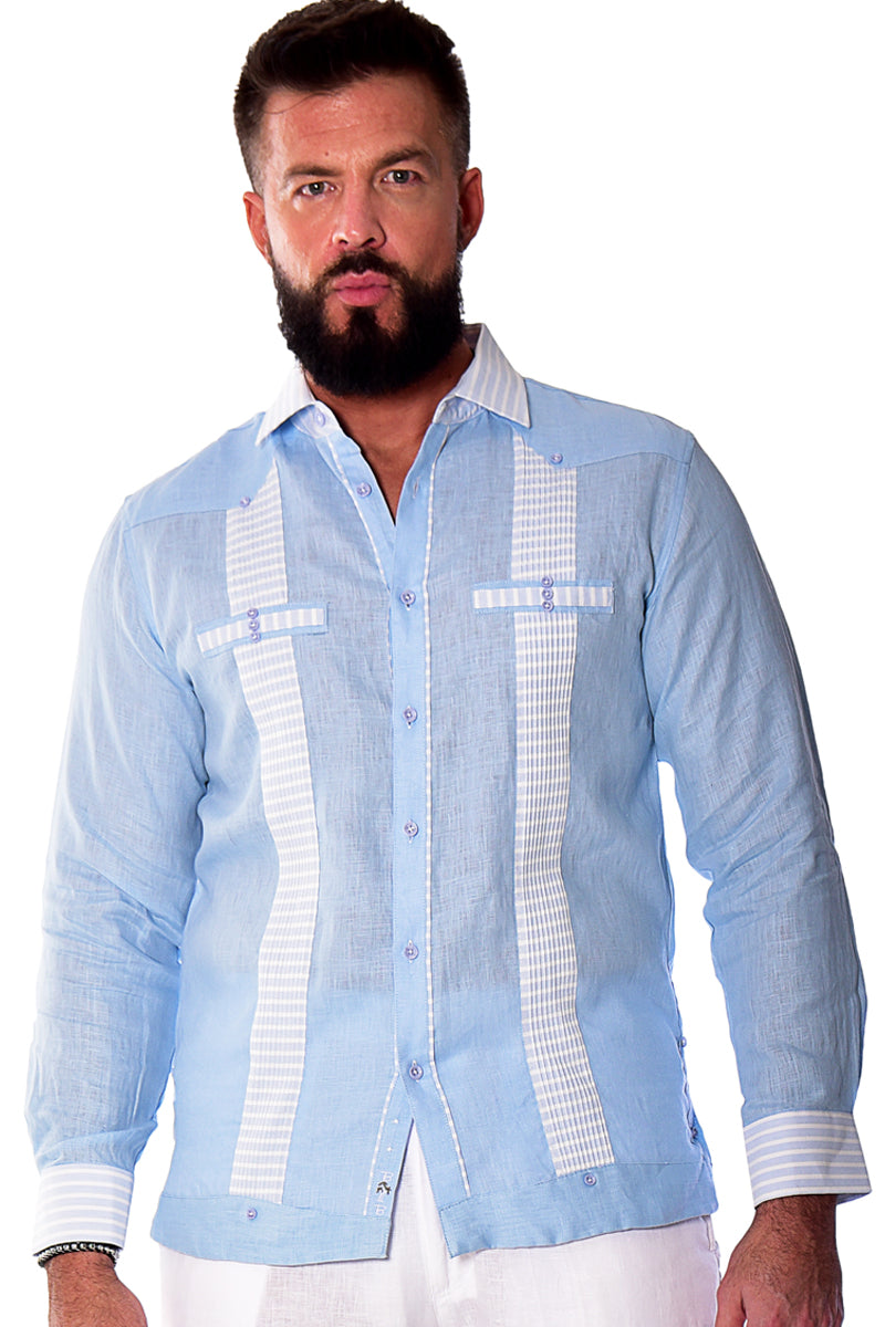 Bohio Men's 100% Linen Guayabera Inspired Long Sleeve Fancy Shirt w/Striped Pin-Tucked Panels in (3) Colors MLFG2029 - Casual Tropical Wear