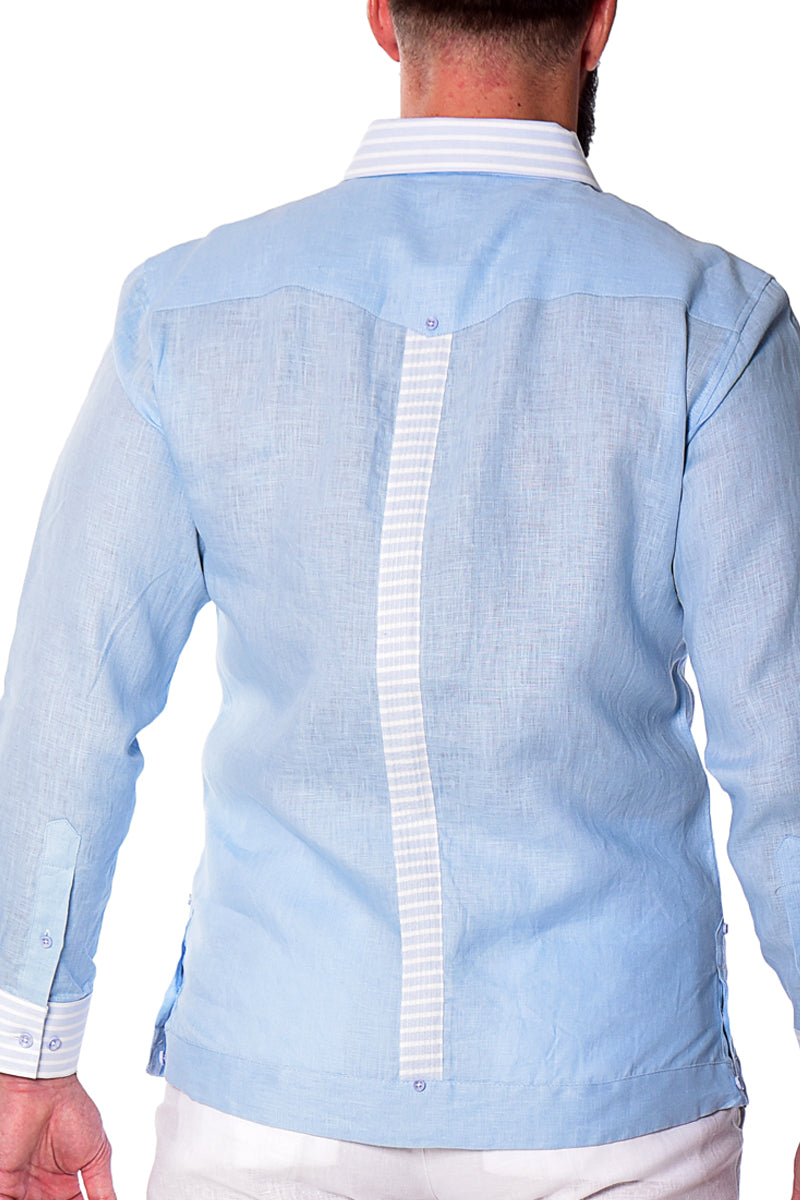 Bohio Men's 100% Linen Guayabera Inspired Long Sleeve Fancy Shirt w/Striped Pin-Tucked Panels in (3) Colors MLFG2029 - Casual Tropical Wear
