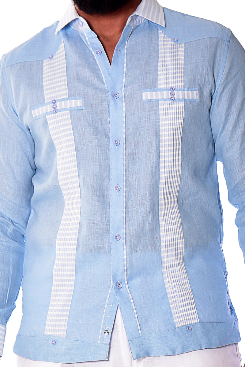 Bohio Men's 100% Linen Guayabera Inspired Long Sleeve Fancy Shirt w/Striped Pin-Tucked Panels in (3) Colors MLFG2029 - Casual Tropical Wear