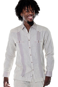 Bohio Men's 100% Linen Guayabera Inspired Long Sleeve Fancy Shirt w/Striped Pin-Tucked Panels in (3) Colors MLFG2029 - Casual Tropical Wear