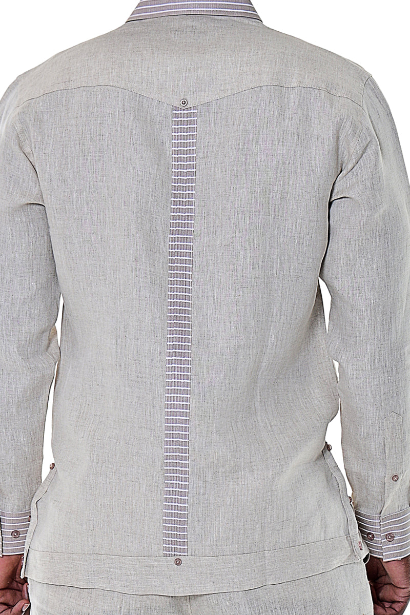 Bohio Men's 100% Linen Guayabera Inspired Long Sleeve Fancy Shirt w/Striped Pin-Tucked Panels in (3) Colors MLFG2029 - Casual Tropical Wear