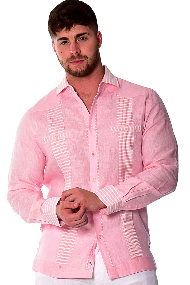 Bohio Men's 100% Linen Guayabera Inspired Long Sleeve Fancy Shirt w/Striped Pin-Tucked Panels in (3) Colors MLFG2029 - Casual Tropical Wear