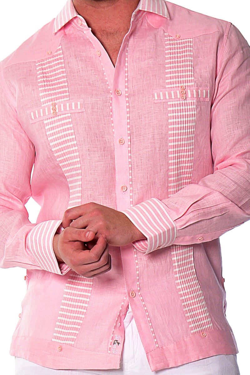 Bohio Men's 100% Linen Guayabera Inspired Long Sleeve Fancy Shirt w/Striped Pin-Tucked Panels in (3) Colors MLFG2029 - Casual Tropical Wear