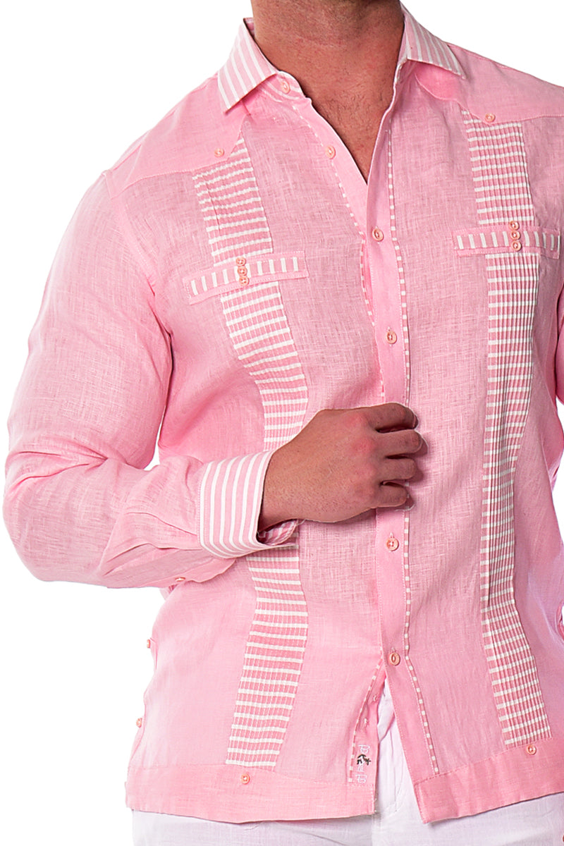Bohio Men's 100% Linen Guayabera Inspired Long Sleeve Fancy Shirt w/Striped Pin-Tucked Panels in (3) Colors MLFG2029 - Casual Tropical Wear