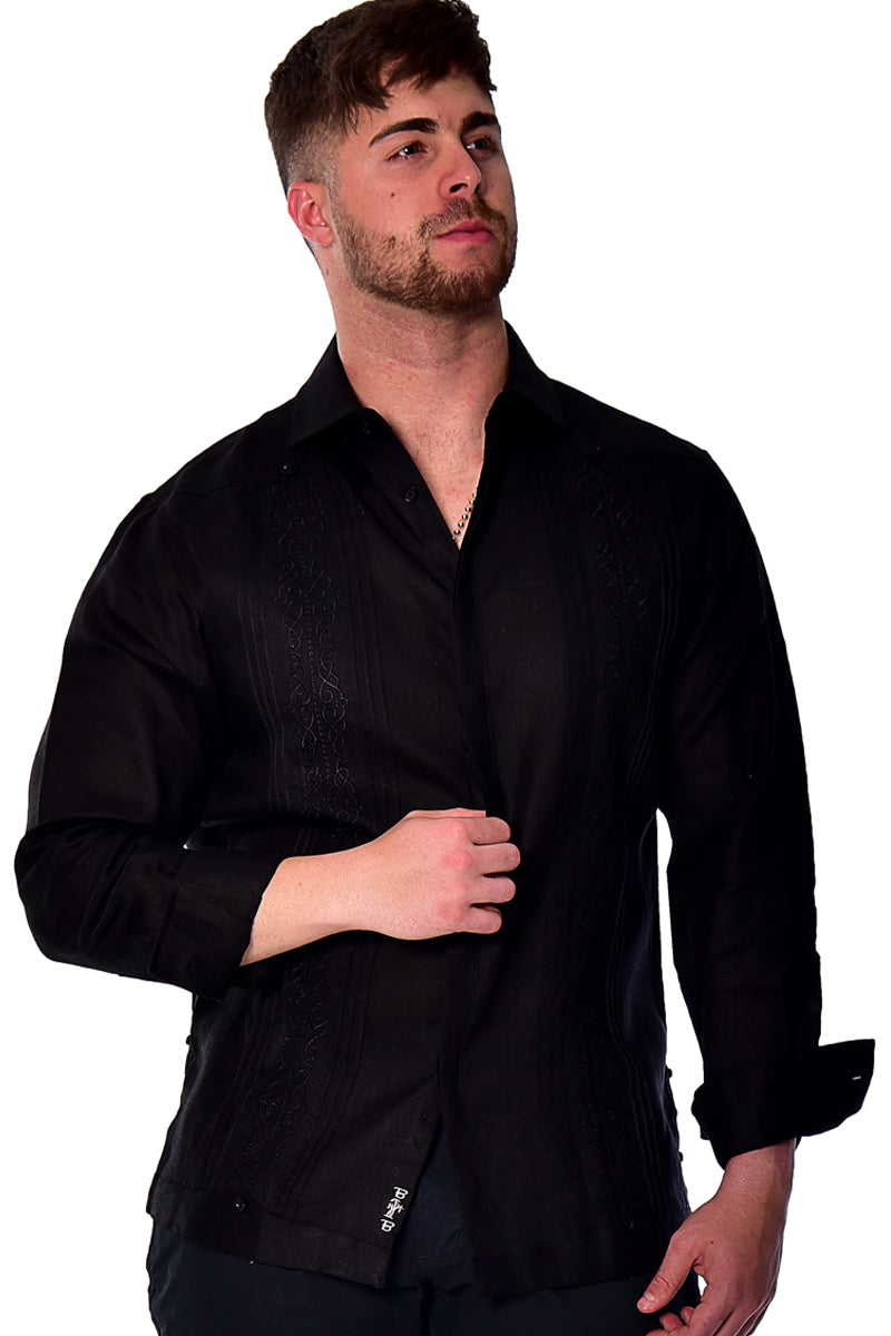 Bohio Mens 100% Linen Fancy Guayabera Style Shirt for Men - Embroidered and Pin-Tucked in (3) Colors MLFG2030 - Casual Tropical Wear