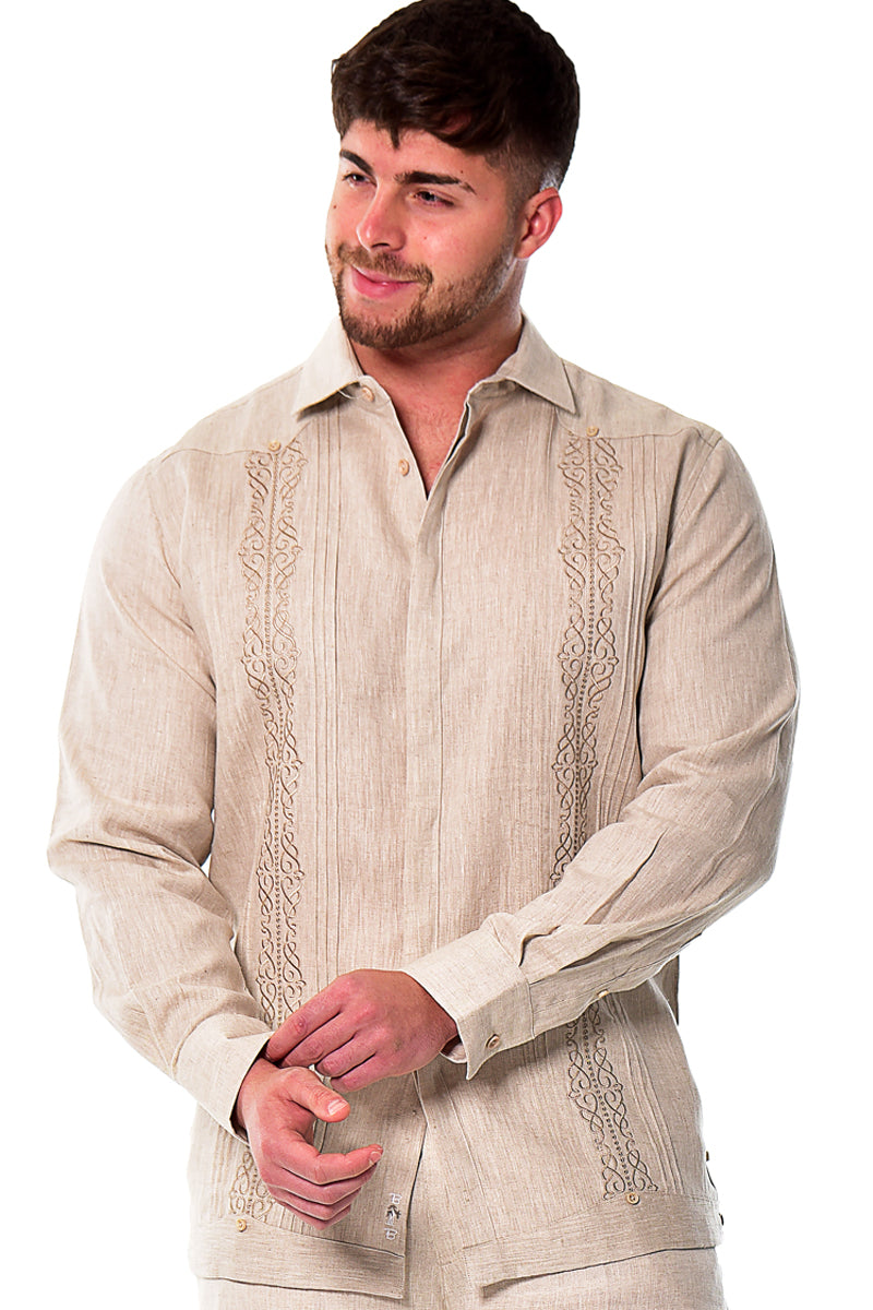 Bohio Mens 100% Linen Fancy Guayabera Style Shirt for Men - Embroidered and Pin-Tucked in (3) Colors MLFG2030 - Casual Tropical Wear