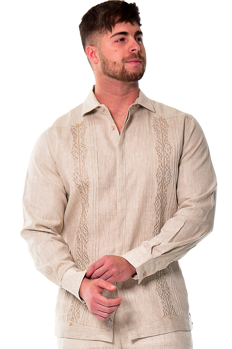 Bohio Mens 100% Linen Fancy Guayabera Style Shirt for Men - Embroidered and Pin-Tucked in (3) Colors MLFG2030 - Casual Tropical Wear