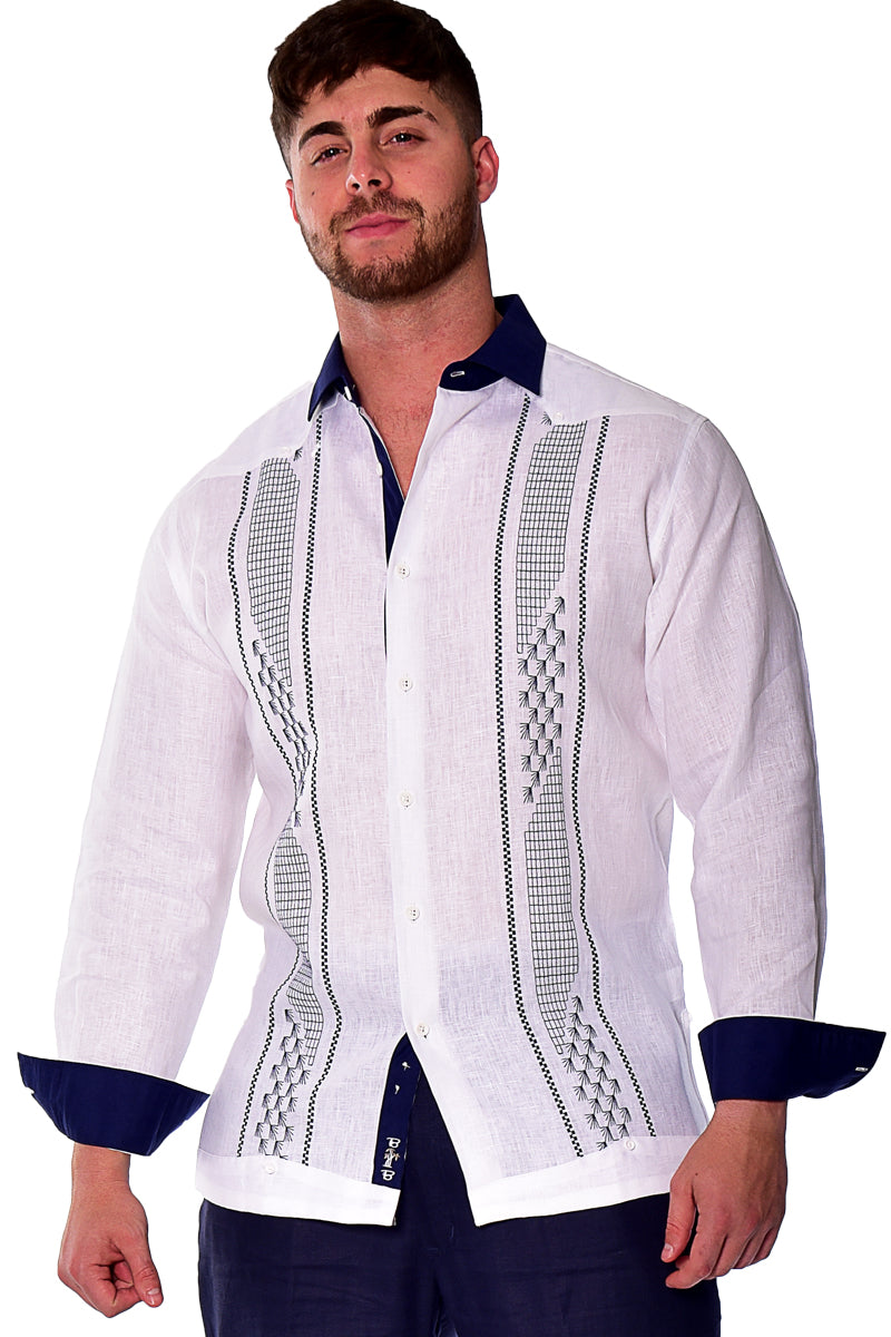 Bohio Mens 100% Linen Embroidered Front Guayabera Style Long Sleeve Shirt in (2) Colors MLFG2032 - Casual Tropical Wear