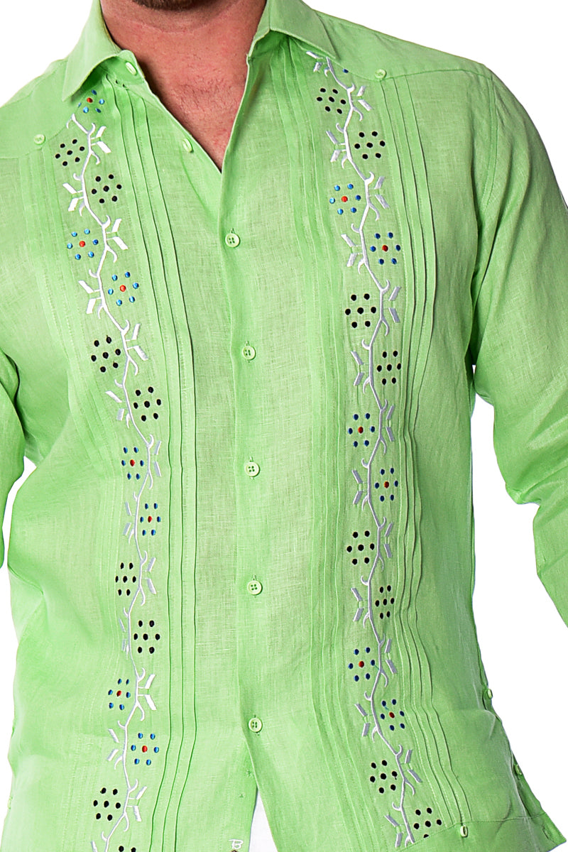 Bohio Mens 100% Linen Fancy Guayabera Style Shirt- Embroidered & Pin-Tucked in (3) Colors - MLFG2033 - Casual Tropical Wear