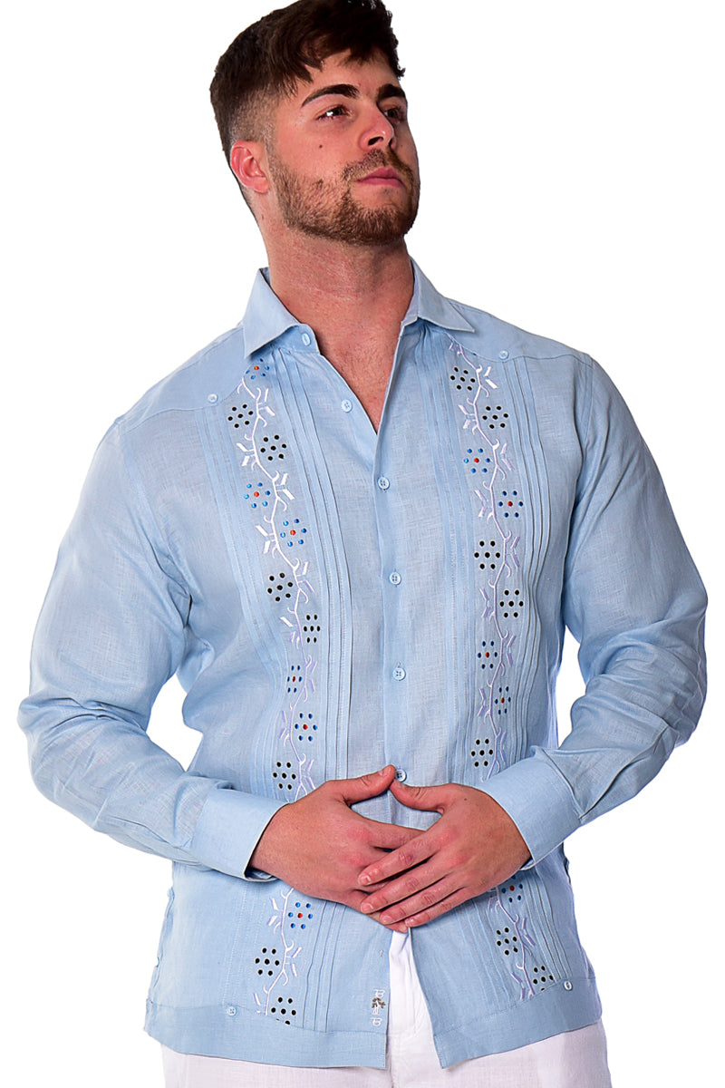 Bohio Mens 100% Linen Fancy Guayabera Style Shirt- Embroidered & Pin-Tucked in (3) Colors - MLFG2033 - Casual Tropical Wear