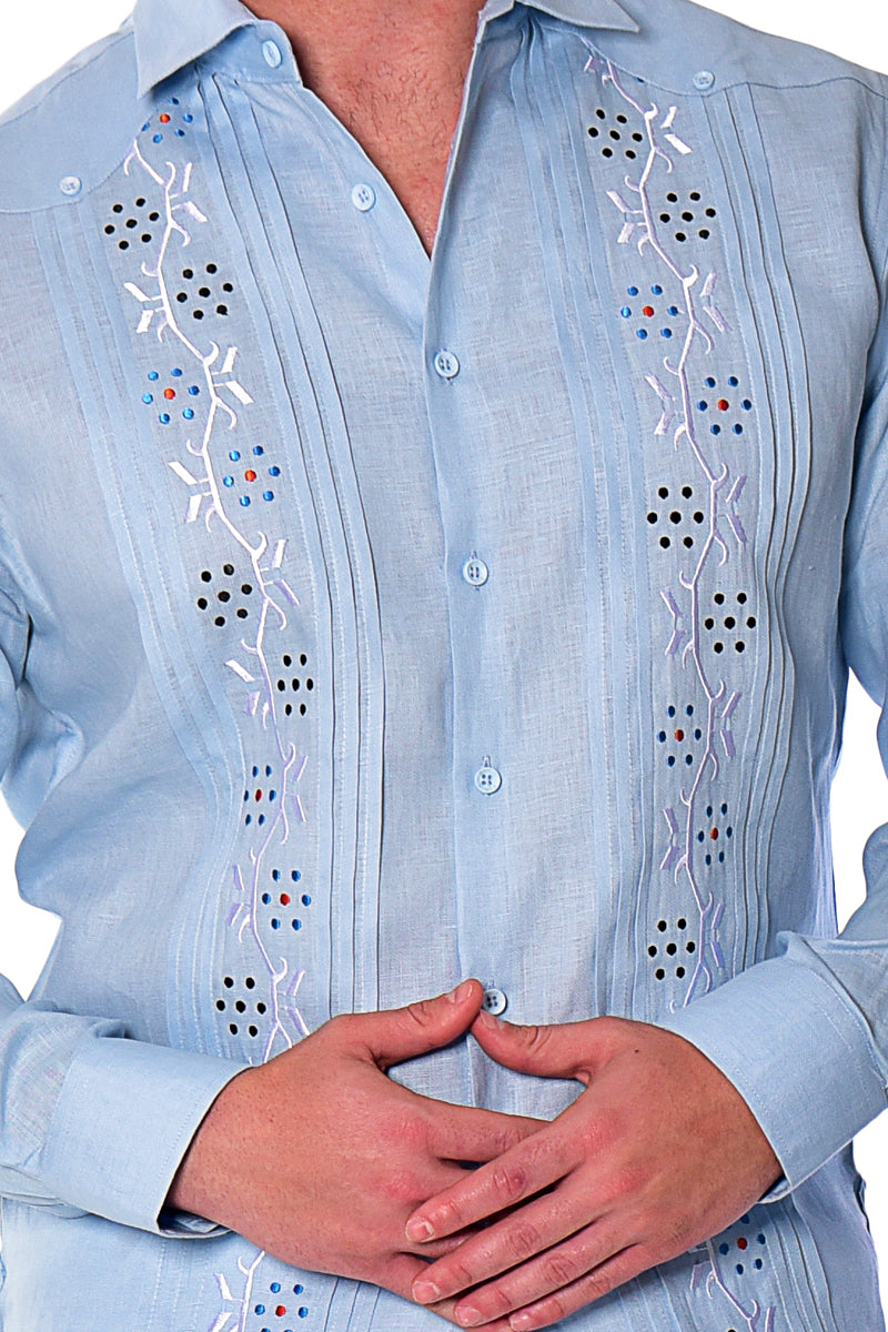 Bohio Mens 100% Linen Fancy Guayabera Style Shirt- Embroidered & Pin-Tucked in (3) Colors - MLFG2033 - Casual Tropical Wear