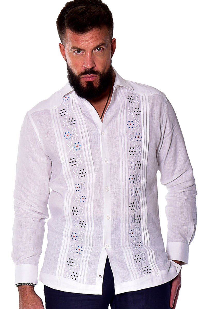 Bohio Mens 100% Linen Fancy Guayabera Style Shirt- Embroidered & Pin-Tucked in (3) Colors - MLFG2033 - Casual Tropical Wear
