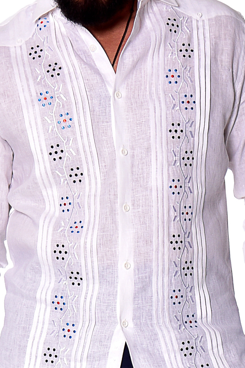 Bohio Mens 100% Linen Fancy Guayabera Style Shirt- Embroidered & Pin-Tucked in (3) Colors - MLFG2033 - Casual Tropical Wear