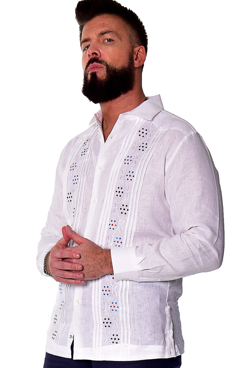 Bohio Mens 100% Linen Fancy Guayabera Style Shirt- Embroidered & Pin-Tucked in (3) Colors - MLFG2033 - Casual Tropical Wear