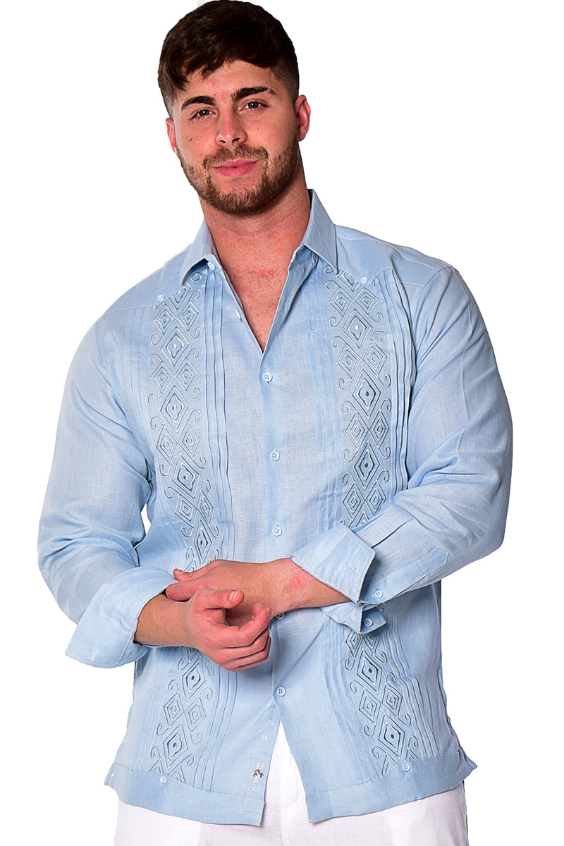 Bohio Mens 100% Linen Fancy Guayabera Style Shirt for Men - Embroidered and Pin-Tucked in (3) Colors MLFG2034 - Casual Tropical Wear