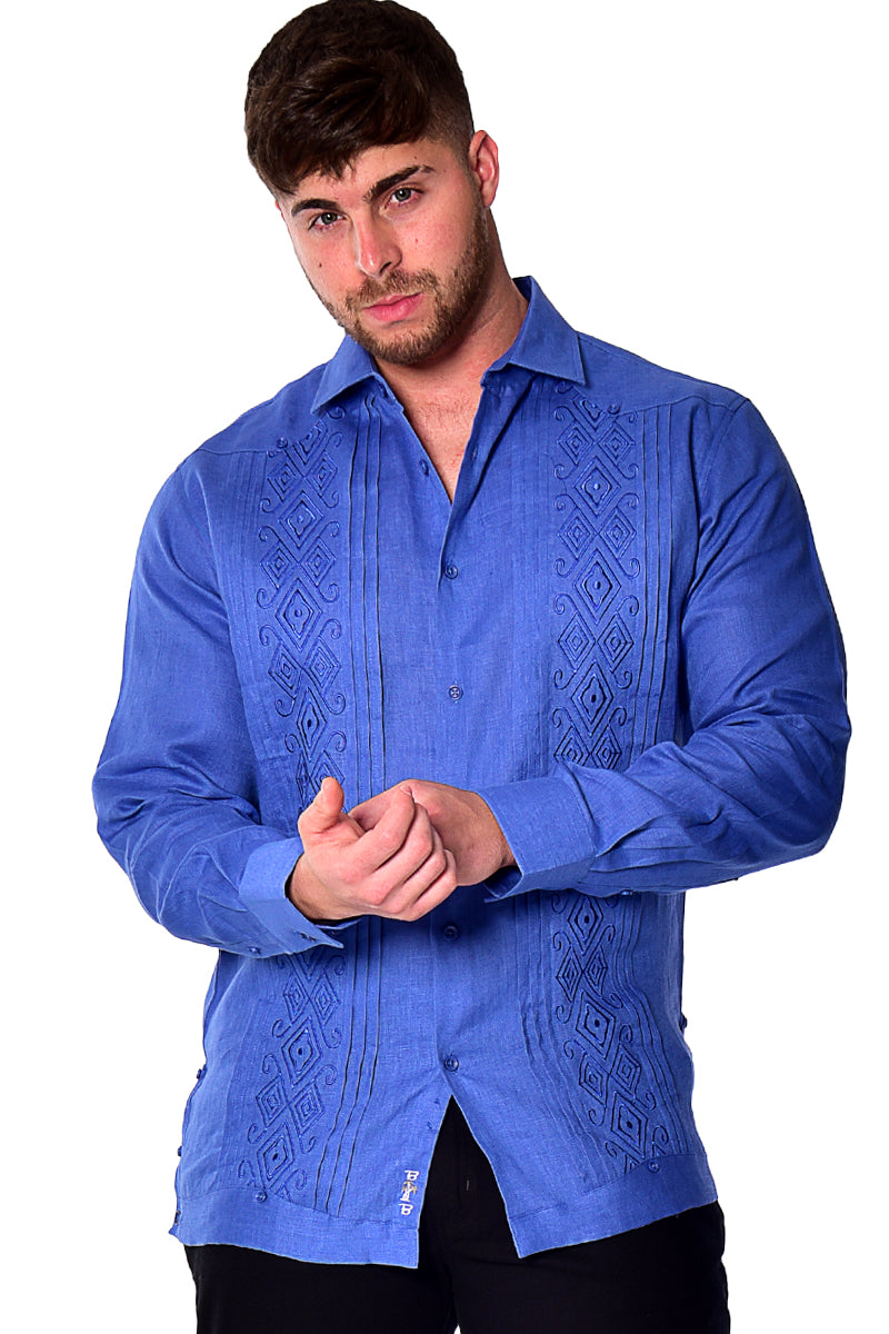 Bohio Mens 100% Linen Fancy Guayabera Style Shirt for Men - Embroidered and Pin-Tucked in (3) Colors MLFG2034 - Casual Tropical Wear