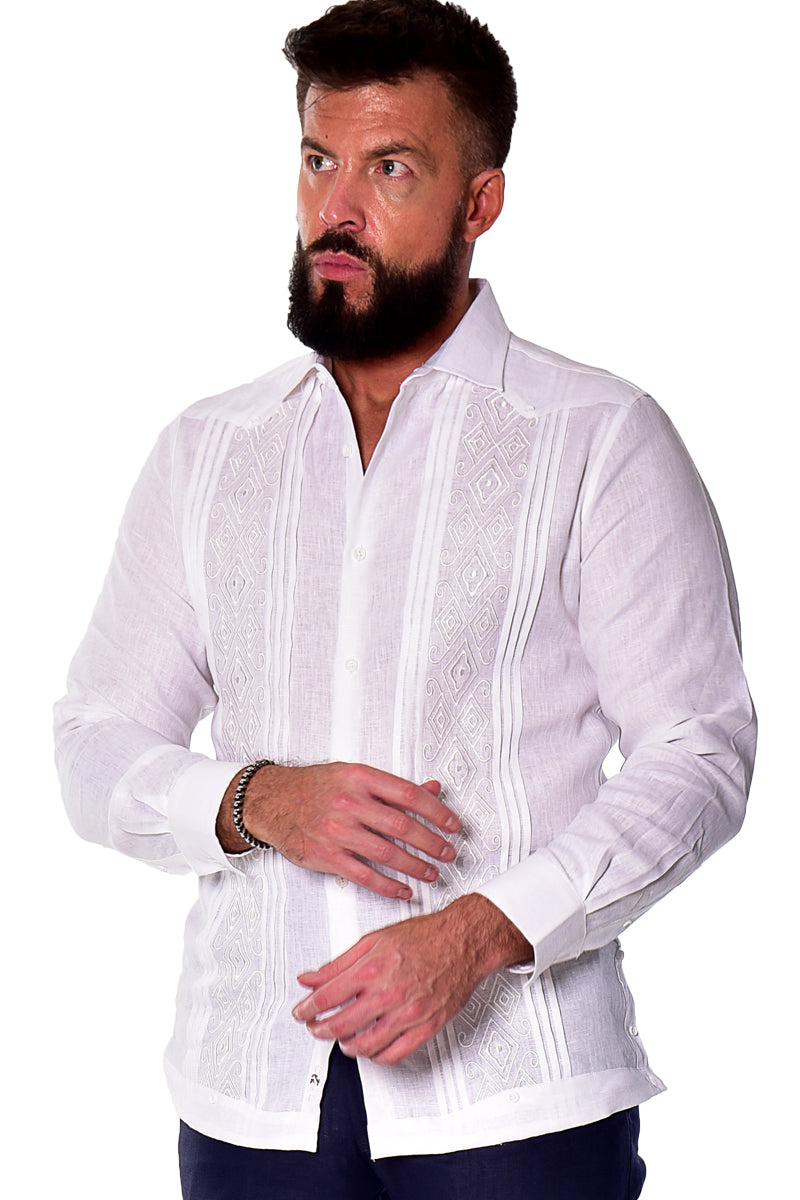 Bohio Mens 100% Linen Fancy Guayabera Style Shirt for Men - Embroidered and Pin-Tucked in (3) Colors MLFG2034 - Casual Tropical Wear