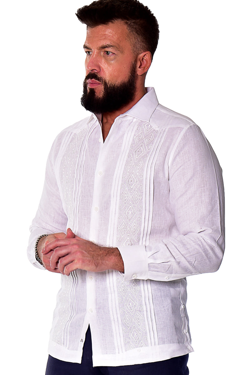 Bohio Mens 100% Linen Fancy Guayabera Style Shirt for Men - Embroidered and Pin-Tucked in (3) Colors MLFG2034 - Casual Tropical Wear