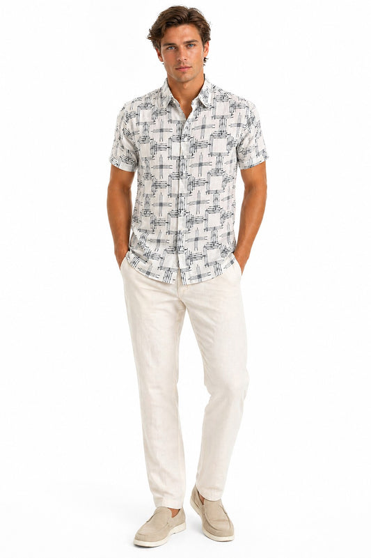 BOHIO Havana Collection Men’s Short Sleeve Resort Shirt – Linen Look Tropical Print Shirt - MLL3740 - Casual Tropical Wear
