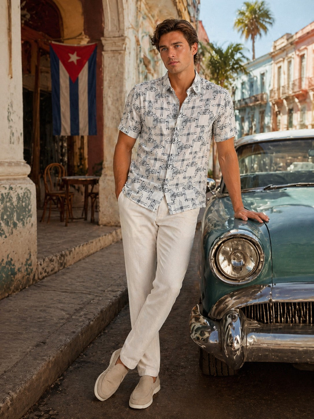 BOHIO Havana Collection Men’s Short Sleeve Resort Shirt – Linen Look Tropical Print Shirt - MLL3740 - Casual Tropical Wear